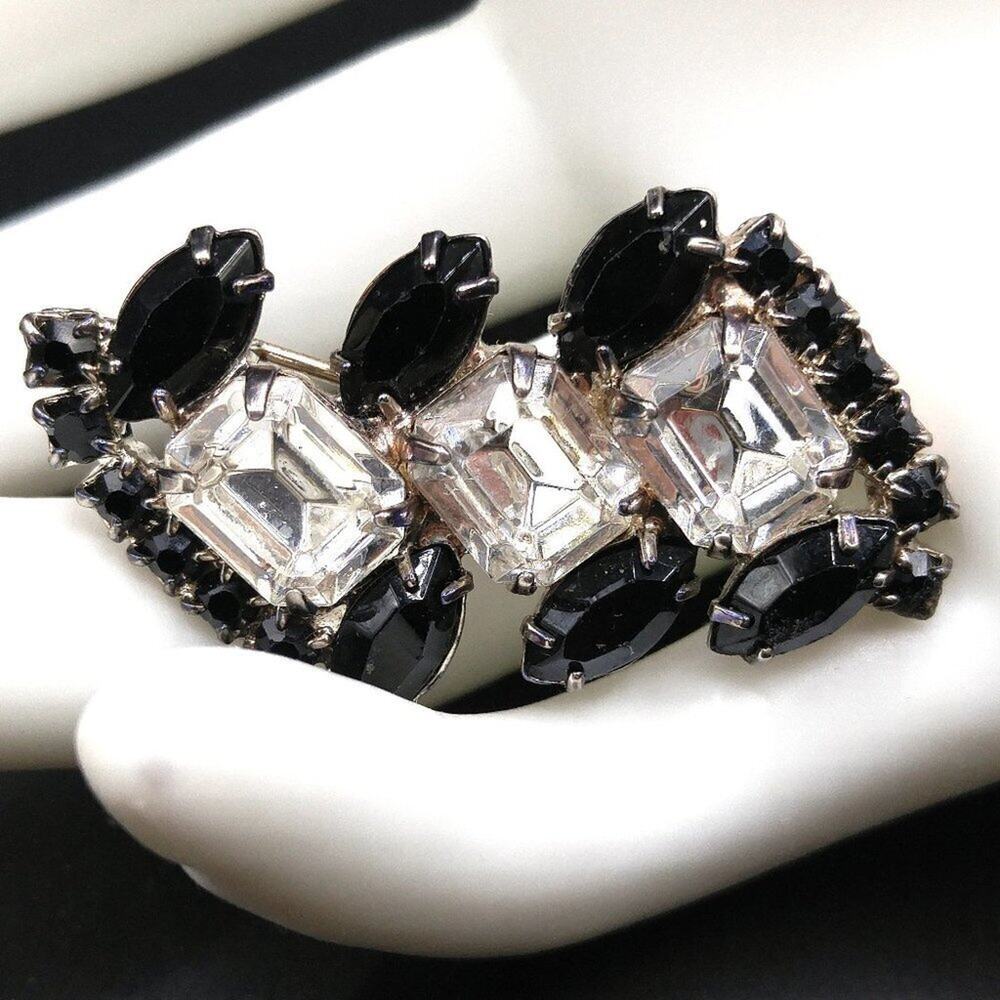 Vintage Black Clear Crystal Rhinestone Brooch, 1950s, 1 3/4 Inches